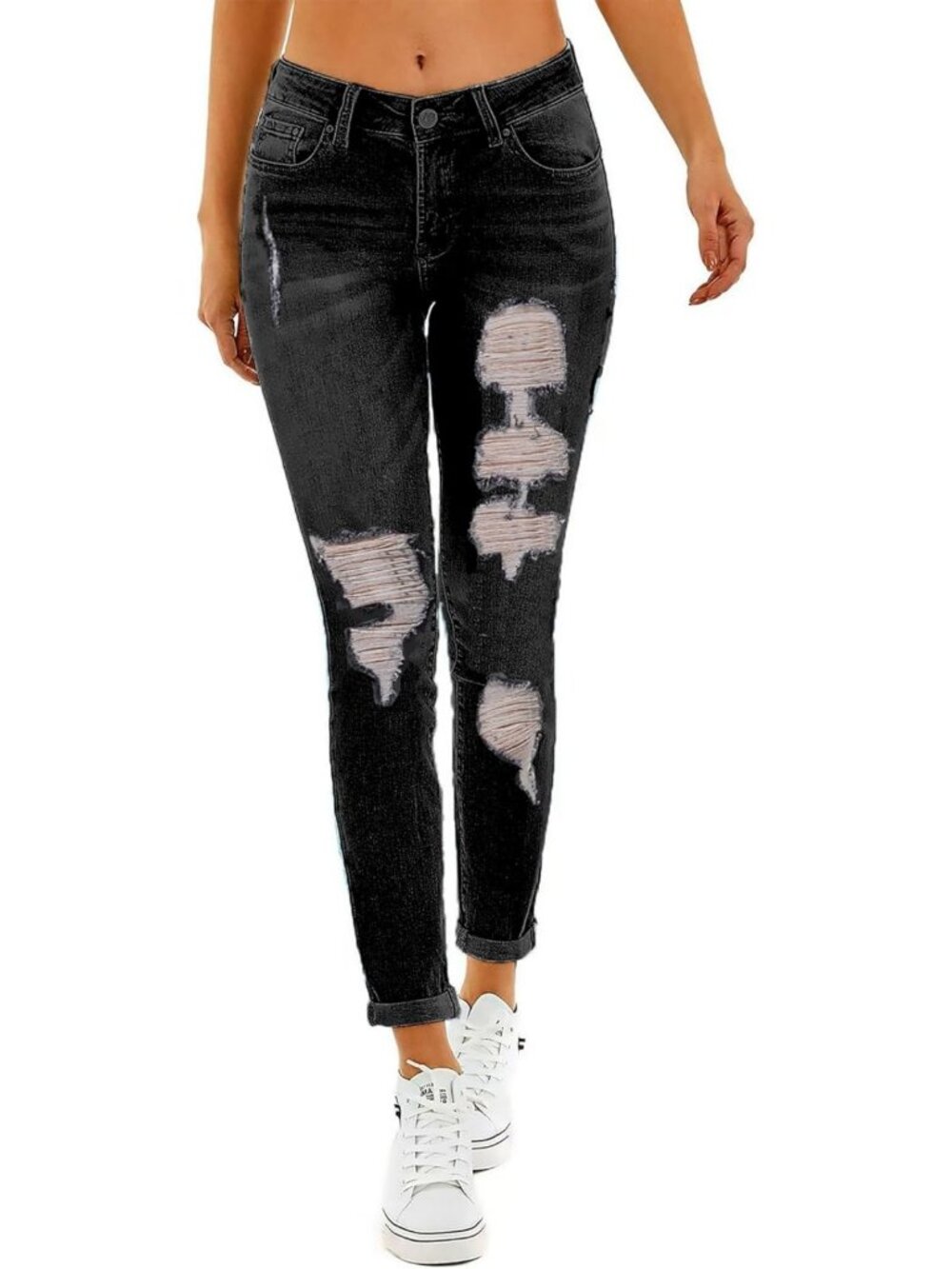 Trendy Women's Distressed Ripped Boyfriend Jeans - Stretchy Skinny Straight Leg